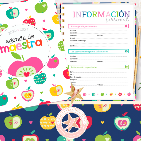 Agenda Escolar Personalizada 2026 - 2027-Manzanas (Docente / Estudiante)
