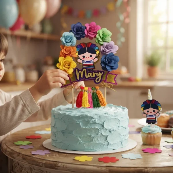 Cake Topper de Muñeca Lele con corona de flores y velita - Personalizado